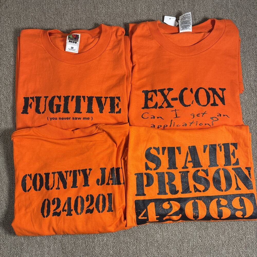 Prison Costume Graphic T-shirt Lot 4 Pieces XXL ORANGE Humor NWT Y2K Fugitive